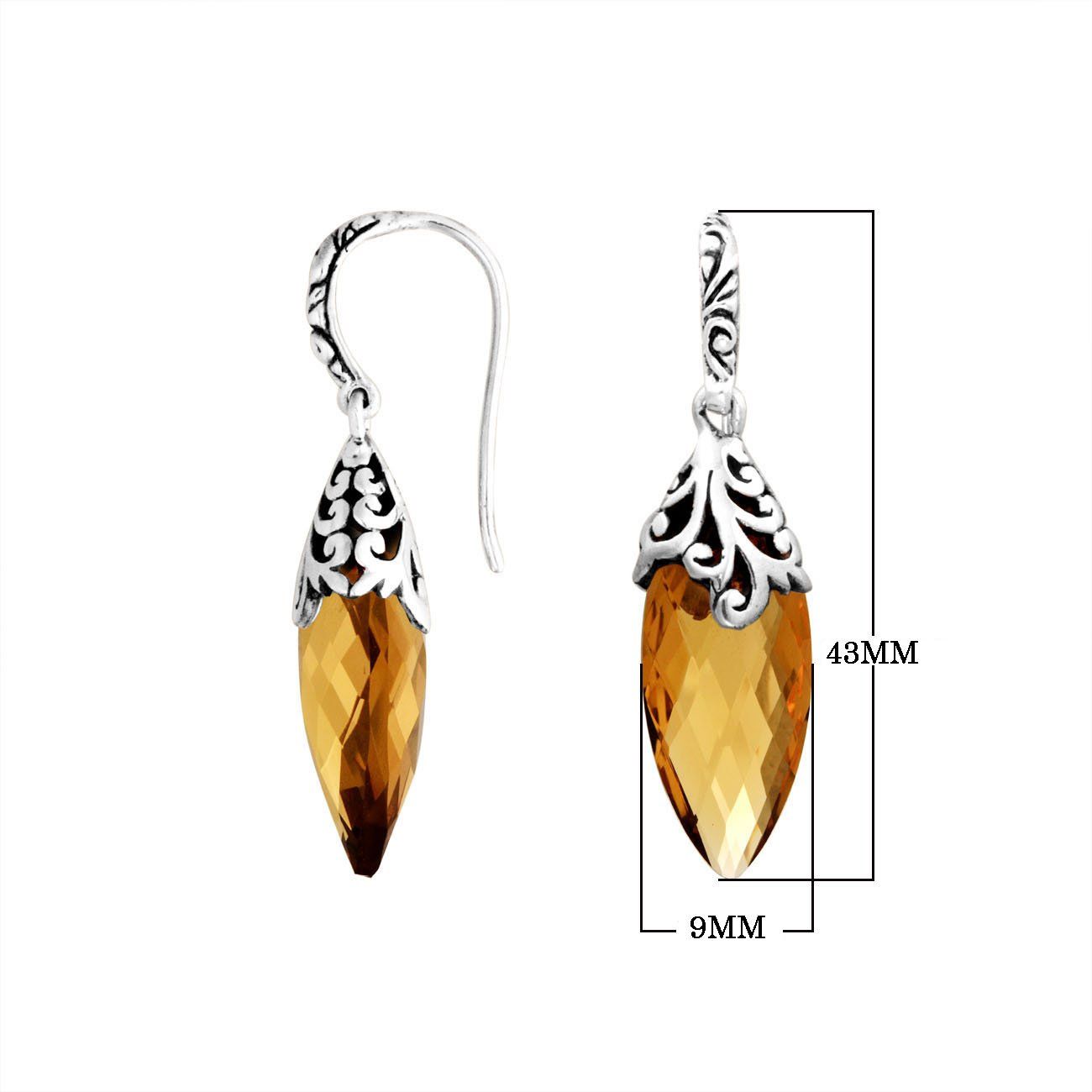 Sterling Silver Long Marquise Citrine Quartz Earrings With Ornate Scroll Caps Handcrafted In Bali