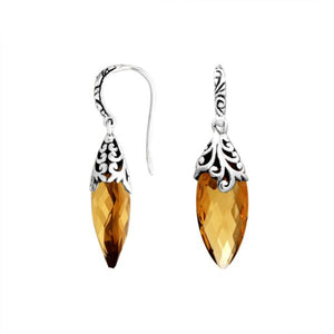 Sterling Silver Long Marquise Citrine Quartz Earrings With Ornate Scroll Caps Handcrafted In Bali