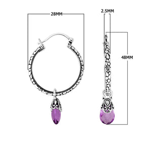 Wholesale Sterling Silver Hoop Earrings With Amethyst Quartz Teardrop Dangle And Balinese Detailing
