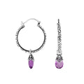 Wholesale Sterling Silver Hoop Earrings With Amethyst Quartz Teardrop Dangle And Balinese Detailing