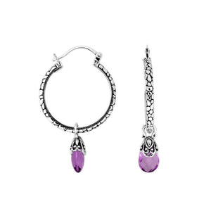 Wholesale Sterling Silver Hoop Earrings With Amethyst Quartz Teardrop Dangle And Balinese Detailing