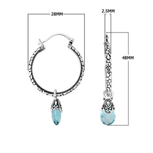 Wholesale Sterling Silver Hoop Earrings With Blue Topaz Quartz Teardrop Dangle And Balinese Detailing