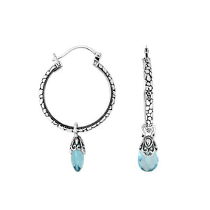 Wholesale Sterling Silver Hoop Earrings With Blue Topaz Quartz Teardrop Dangle And Balinese Detailing