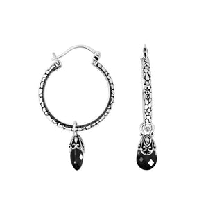 Wholesale sterling silver Black Onyx hoop earrings with faceted drop and Balinese handicraft design handcrafted in Bali