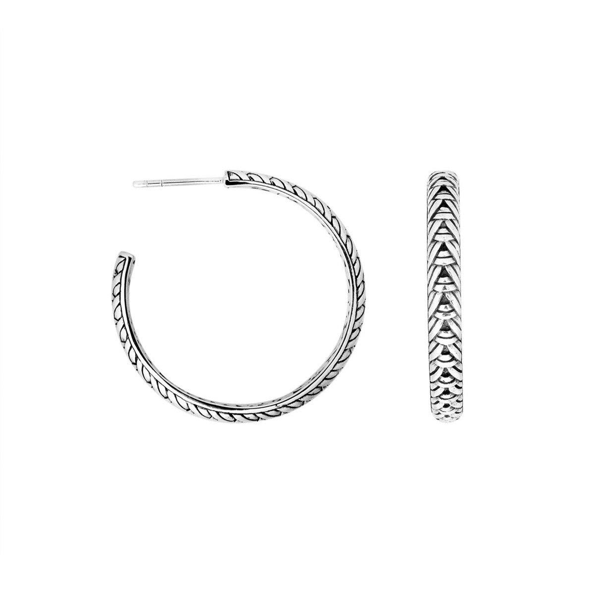 Wholesale Sterling Silver Leaf Engraved Hoop Earrings With Oxidized Balinese Detailing