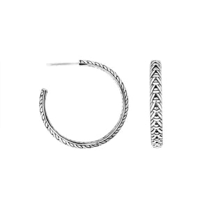 Wholesale Sterling Silver Leaf Engraved Hoop Earrings With Oxidized Balinese Detailing
