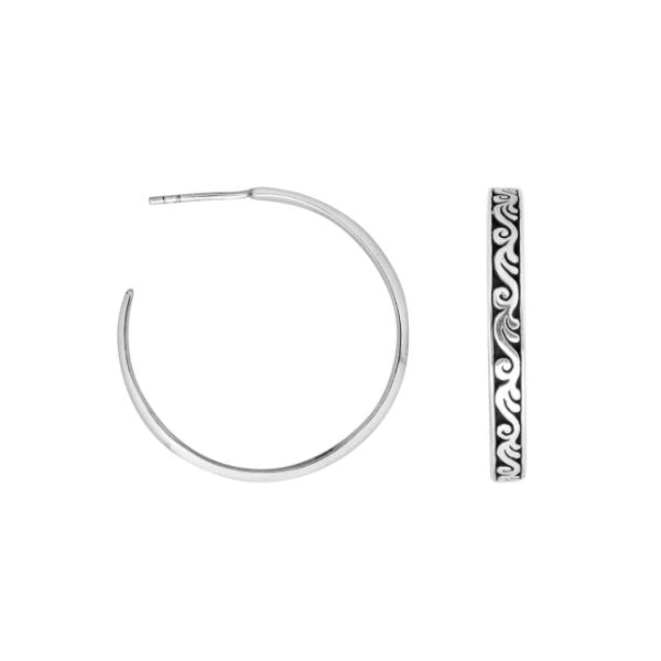 Wholesale Sterling Silver Slim Hoop Earrings With Swirl Engraving And Oxidized Balinese Finish