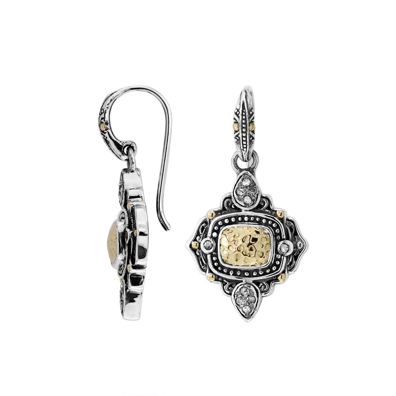 Sterling Silver Two-Tone Drop Earrings With Hammered Gold Center And Ornate Oxidized Detailing