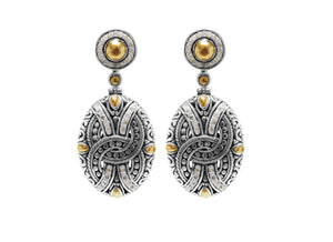 Sterling Silver With 18K Gold Oval Drop Earrings With Scroll Pattern And Diamond Accents