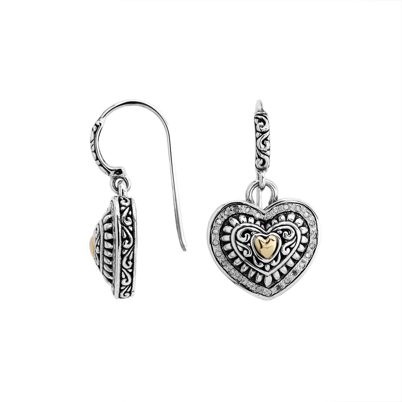 Sterling Silver With 18K Gold Heart Drop Earrings With Scroll Pattern And Diamond Accents