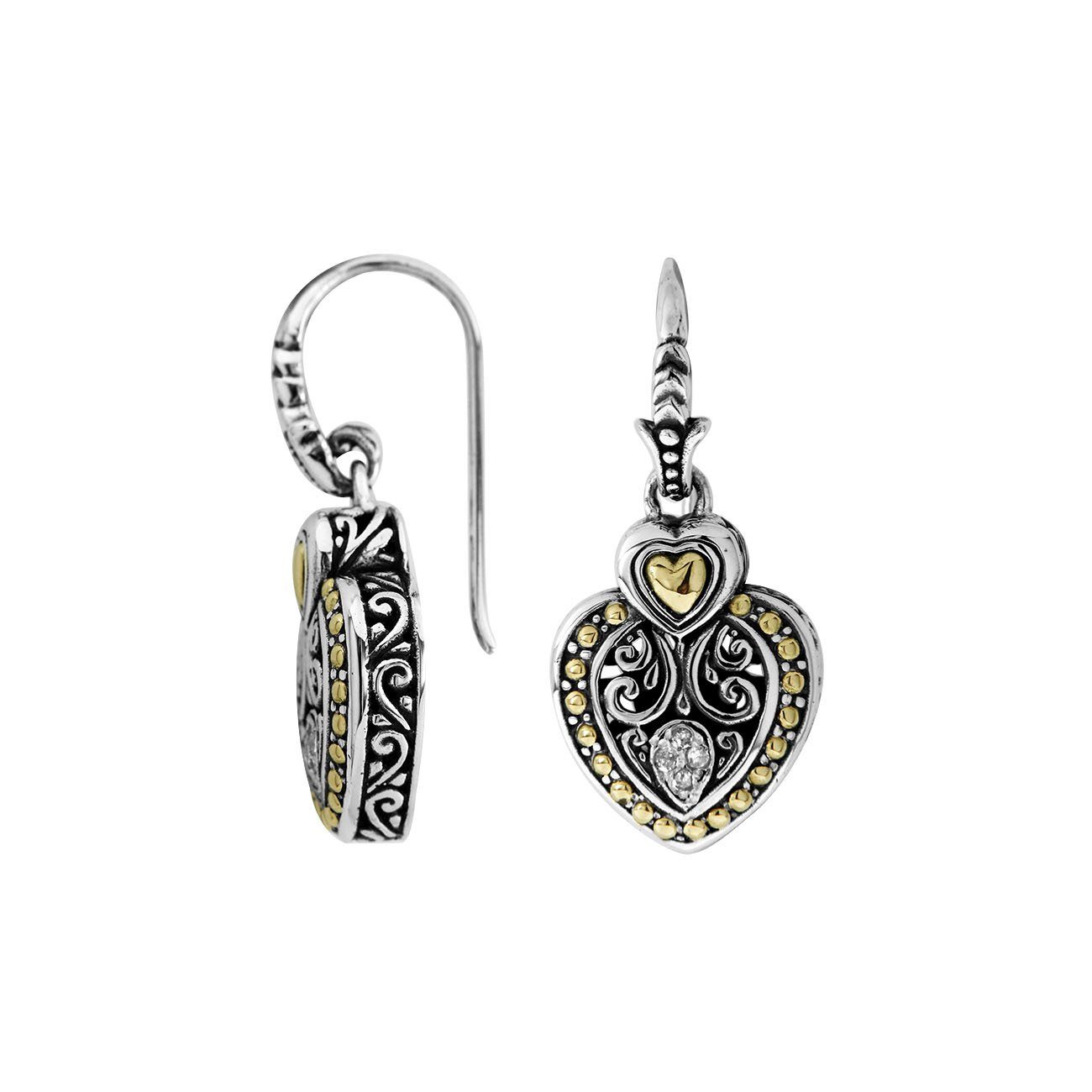 Sterling Silver With 18K Gold Heart Drop Earrings With Scroll Pattern And Diamond Accent