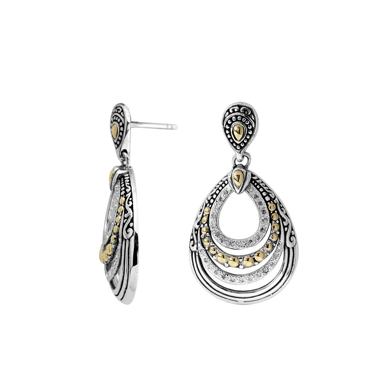 Sterling Silver With 18K Gold Teardrop Earrings With Layered Swirl Design And Diamond Accents