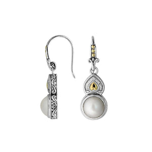 Sterling Silver With 18K Gold Pearl Drop Earrings With Heart Top And Diamond Accents