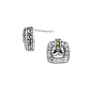 Sterling Silver With 18K Gold Square Stud Earrings With Scroll Design And Diamond Accents