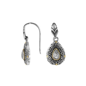 Sterling Silver With 18K Gold Teardrop Earrings With Ornate Pattern And Diamond Center