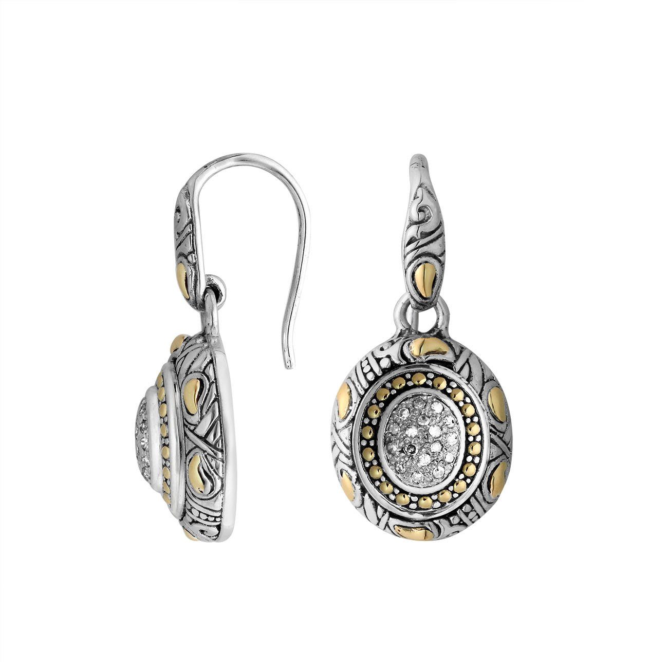 Sterling Silver With 18K Gold Round Drop Earrings With Beaded Pattern And Diamond Center