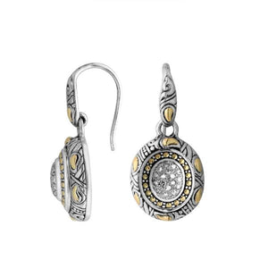 Sterling Silver With 18K Gold Round Drop Earrings With Beaded Pattern And Diamond Center
