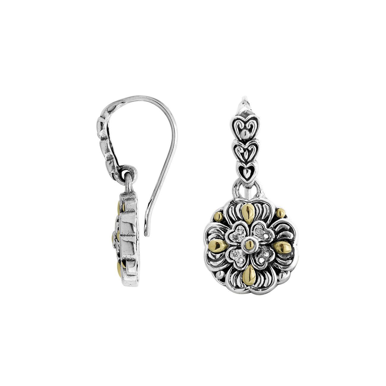 Sterling Silver With 18K Gold Floral Blossom Drop Earrings With Diamond Accents