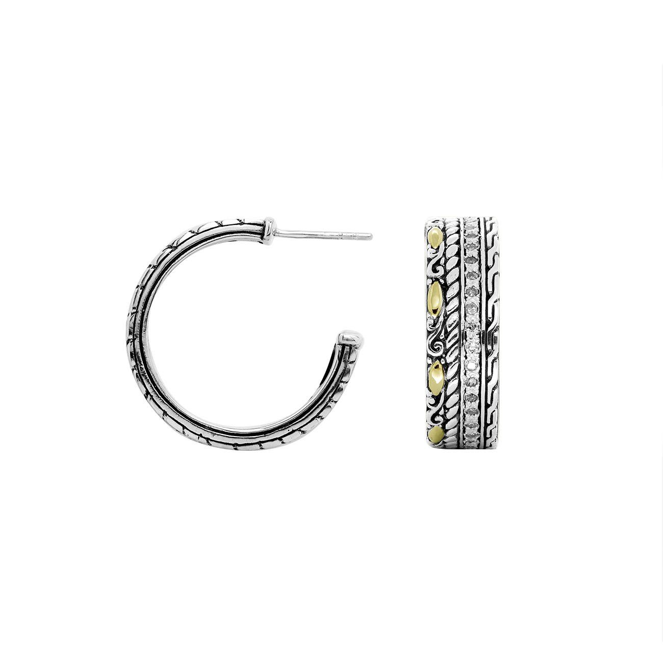 Sterling Silver With 18K Gold Textured Pattern Hoop Earrings With Diamond Accents