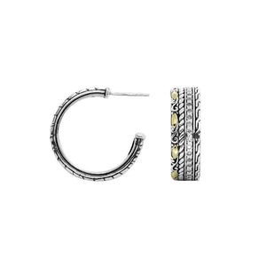 Sterling Silver With 18K Gold Textured Pattern Hoop Earrings With Diamond Accents