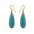 Sterling Silver With 18K Gold Overlay Long Teardrop Blue Chalcedony Quartz Dangle Earrings