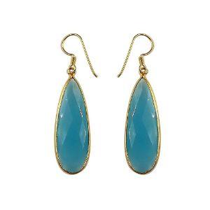 Sterling Silver With 18K Gold Overlay Long Teardrop Blue Chalcedony Quartz Dangle Earrings