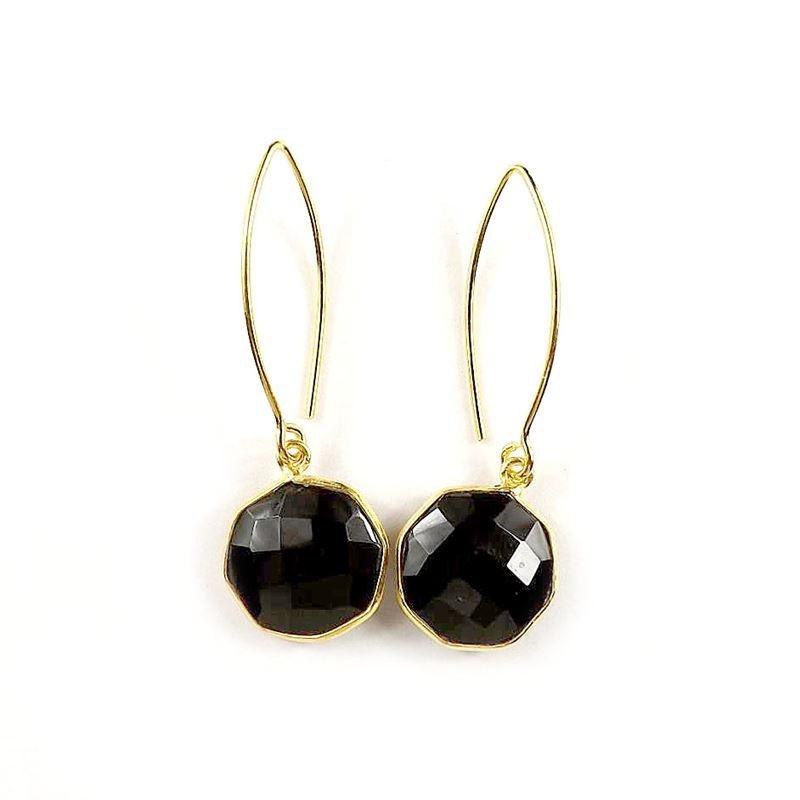 Sterling Silver With 18K Gold Overlay Faceted Round Black Onyx Dangle Earrings