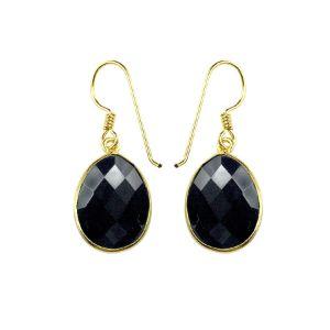 Sterling Silver With 18K Gold Overlay Faceted Oval Black Onyx Dangle Earrings