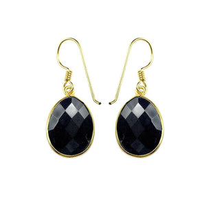 Sterling Silver With 18K Gold Overlay Faceted Oval Black Onyx Dangle Earrings