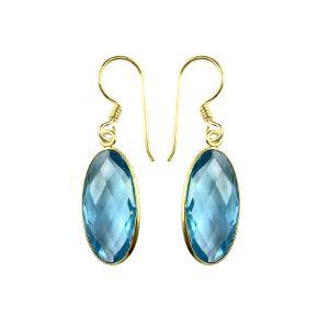 Sterling Silver With 18K Gold Overlay Faceted Long Oval Blue Topaz Quartz Dangle Earrings