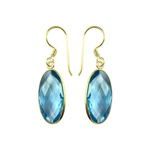 Sterling Silver With 18K Gold Overlay Faceted Long Oval Blue Topaz Quartz Dangle Earrings