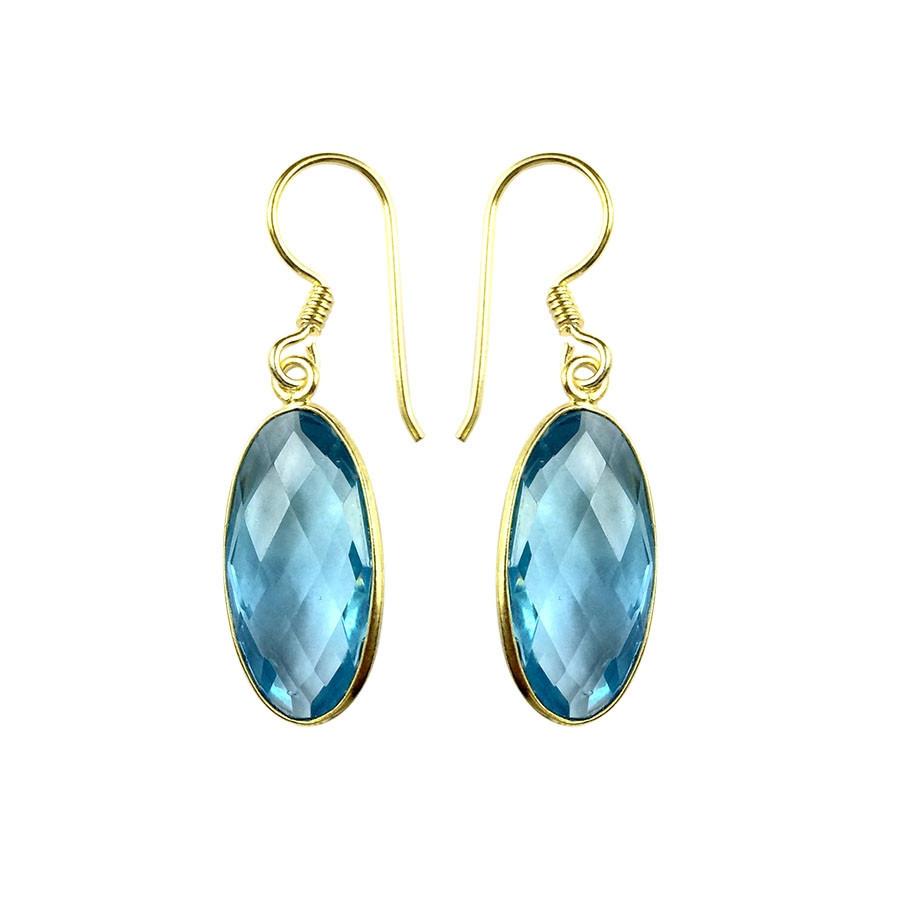Sterling Silver With 18K Gold Overlay Faceted Long Oval Blue Topaz Quartz Dangle Earrings