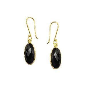 Sterling Silver With 18K Gold Overlay Faceted Long Oval Black Onyx Dangle Earrings