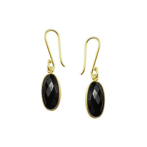 Sterling Silver With 18K Gold Overlay Faceted Long Oval Black Onyx Dangle Earrings