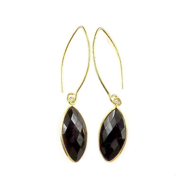 Sterling Silver 18K Gold Overlay Black Onyx Marquise Dangle Earrings