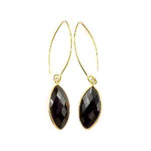 Sterling Silver 18K Gold Overlay Black Onyx Marquise Dangle Earrings