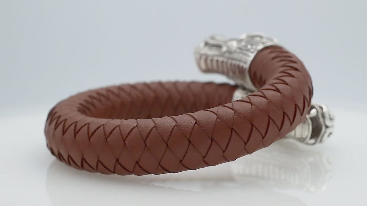 925 Sterling Silver Dragon Bracelet With Light Brown Leather On White Background