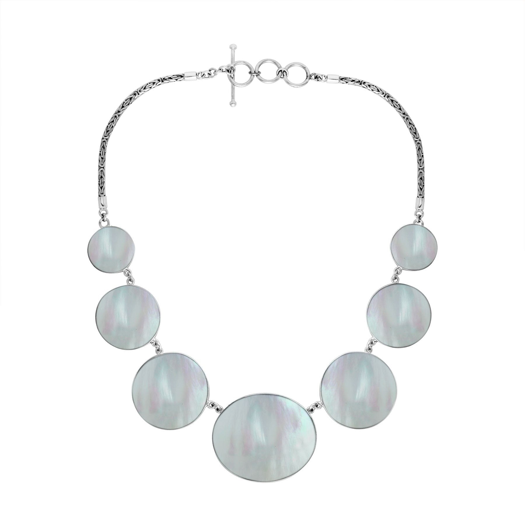 Wholesale sterling silver Mother of Pearl statement necklace with Balinese handcrafted design.