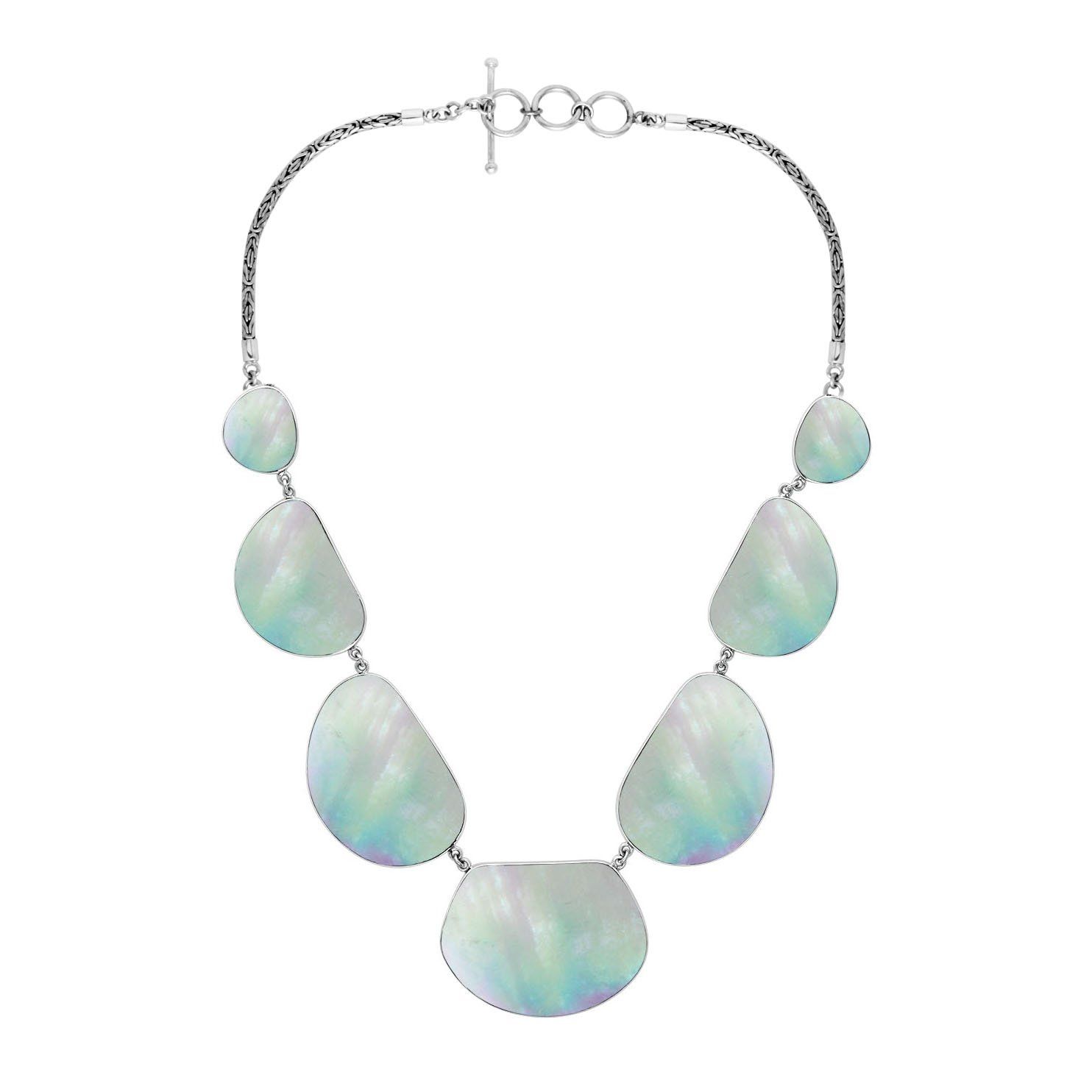 Wholesale sterling silver freeform Mother of Pearl necklace with Balinese handcrafted design.