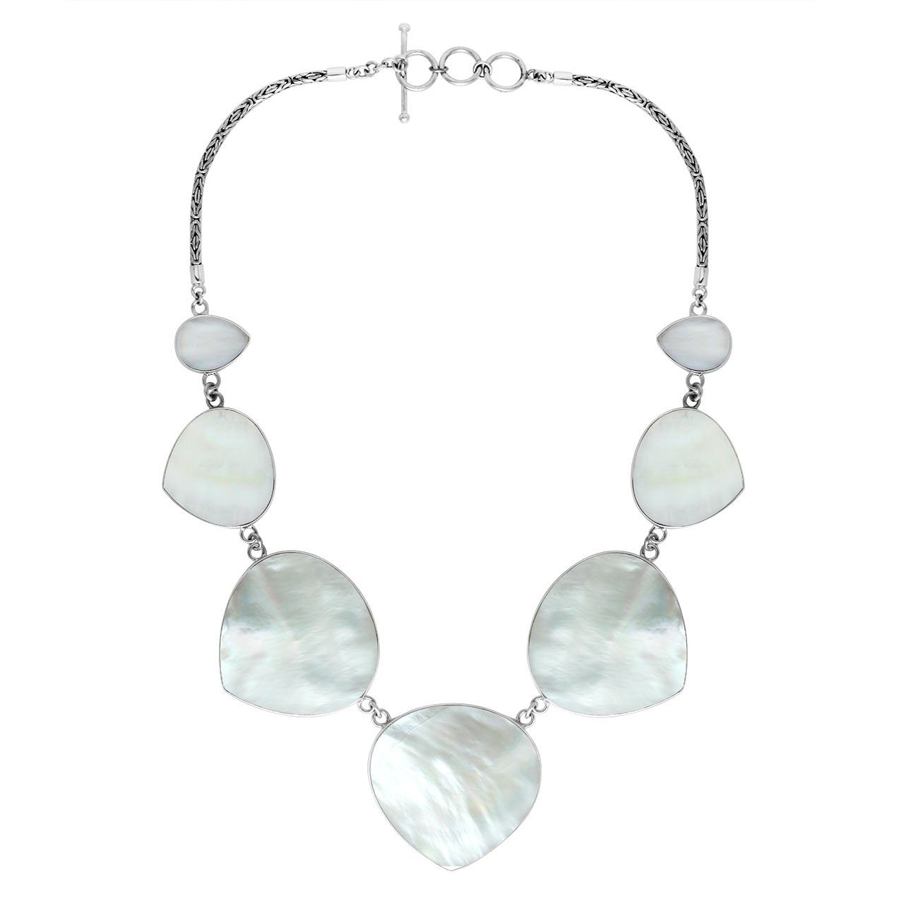 Wholesale sterling silver heart-shape Mother of Pearl necklace with Balinese handcrafted design.