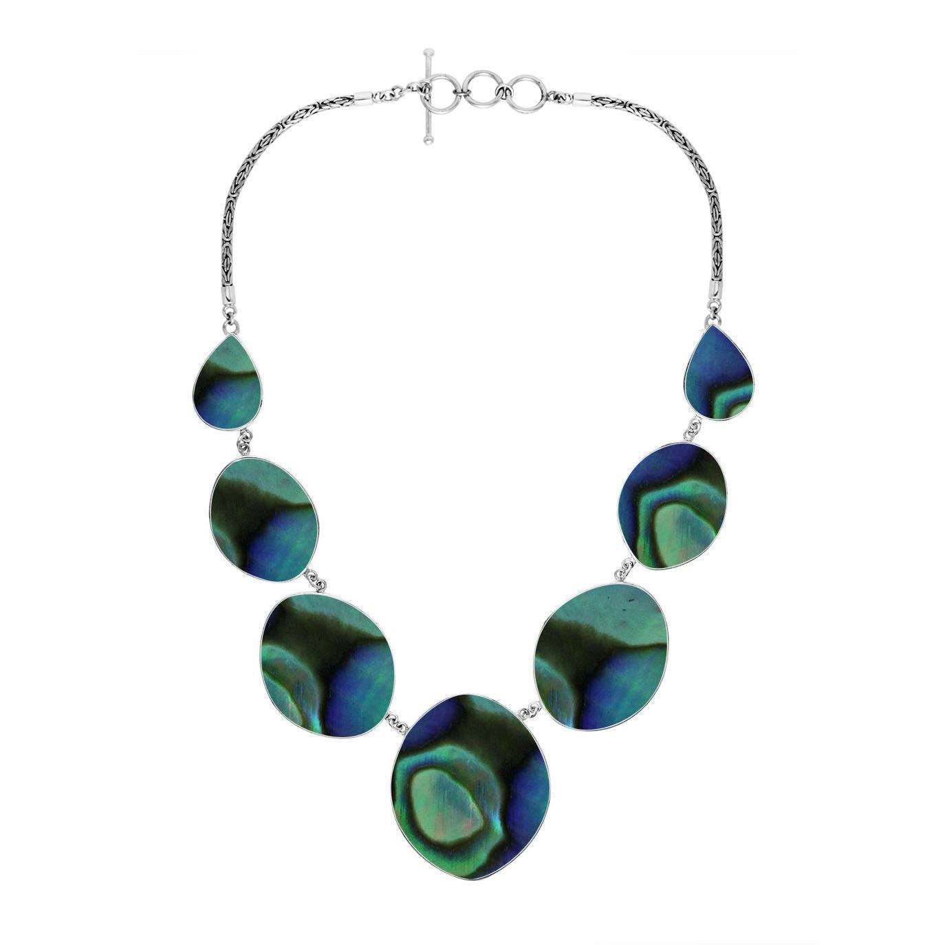 Wholesale sterling silver oval abalone shell necklace with Balinese handcrafted design.