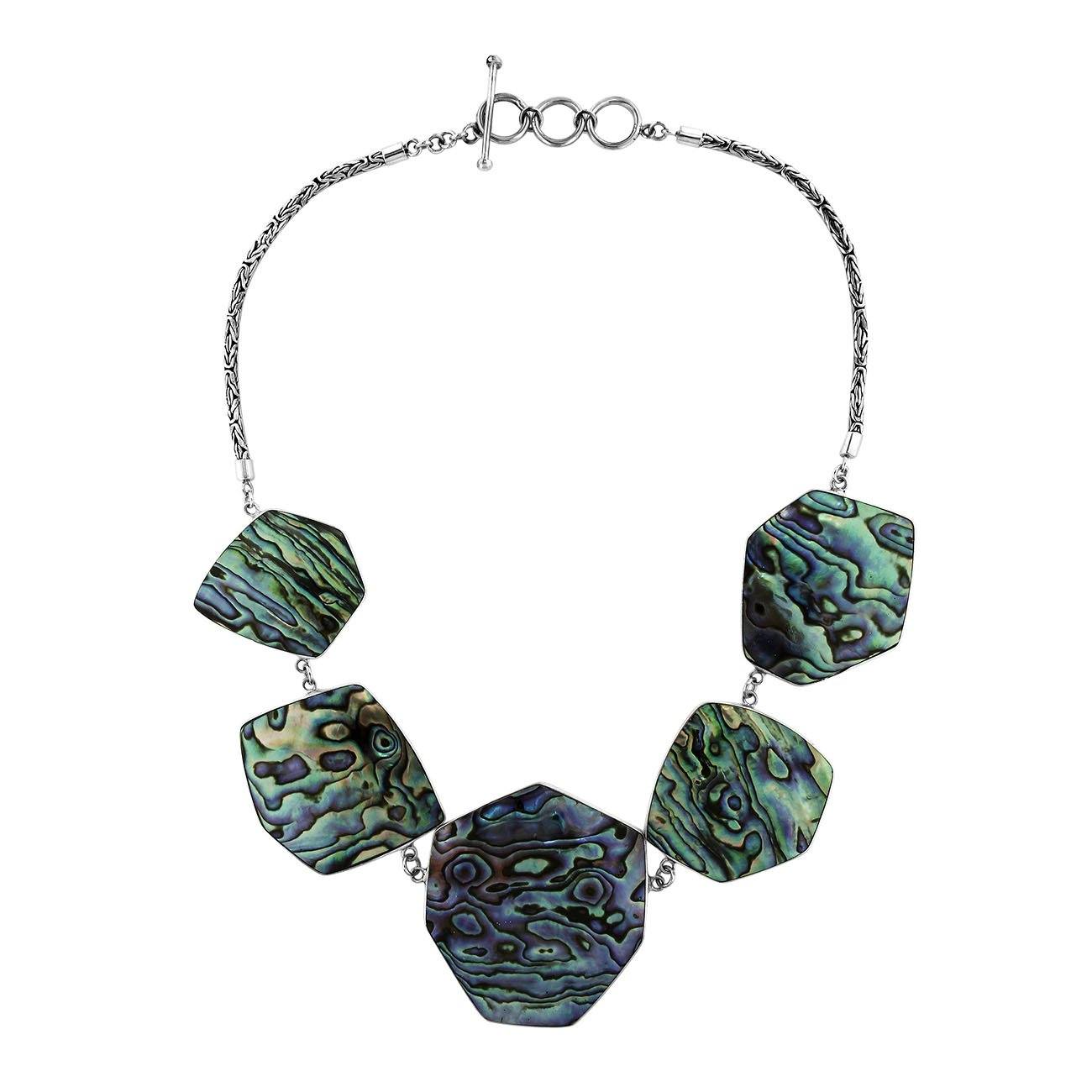 Sterling silver necklace with hexagon abalone shell links, polished ocean-inspired artisan finish.