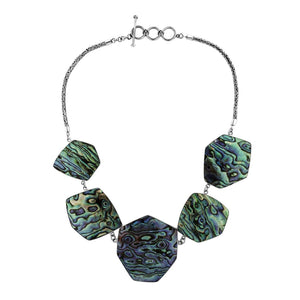 Sterling silver necklace with hexagon abalone shell links, polished ocean-inspired artisan finish.