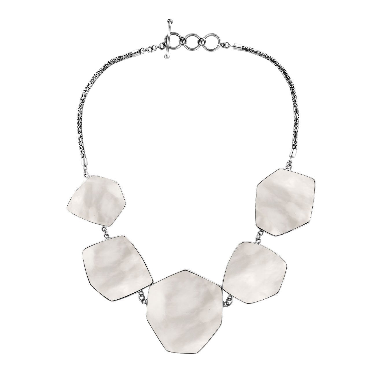 Sterling silver necklace with hexagon-shaped mother of pearl links, polished artisan finish.