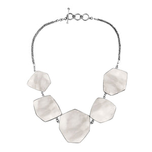 Sterling silver necklace with hexagon-shaped mother of pearl links, polished artisan finish.