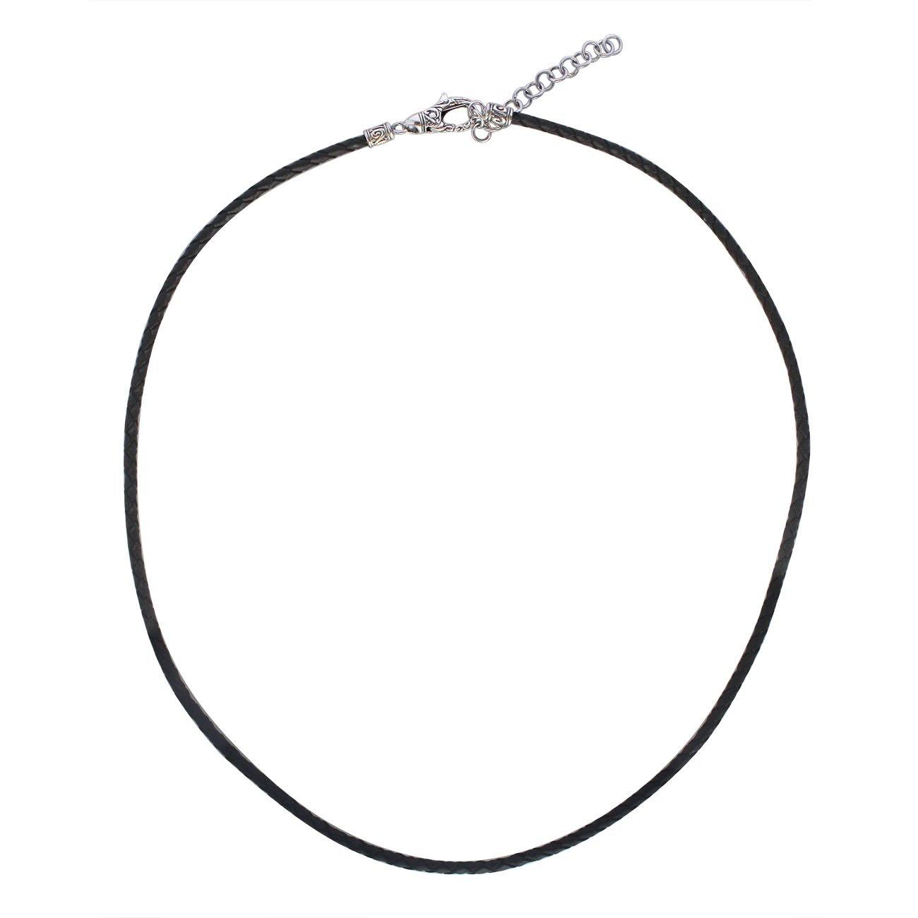 Black leather cord necklace with sterling silver end caps and clasp.