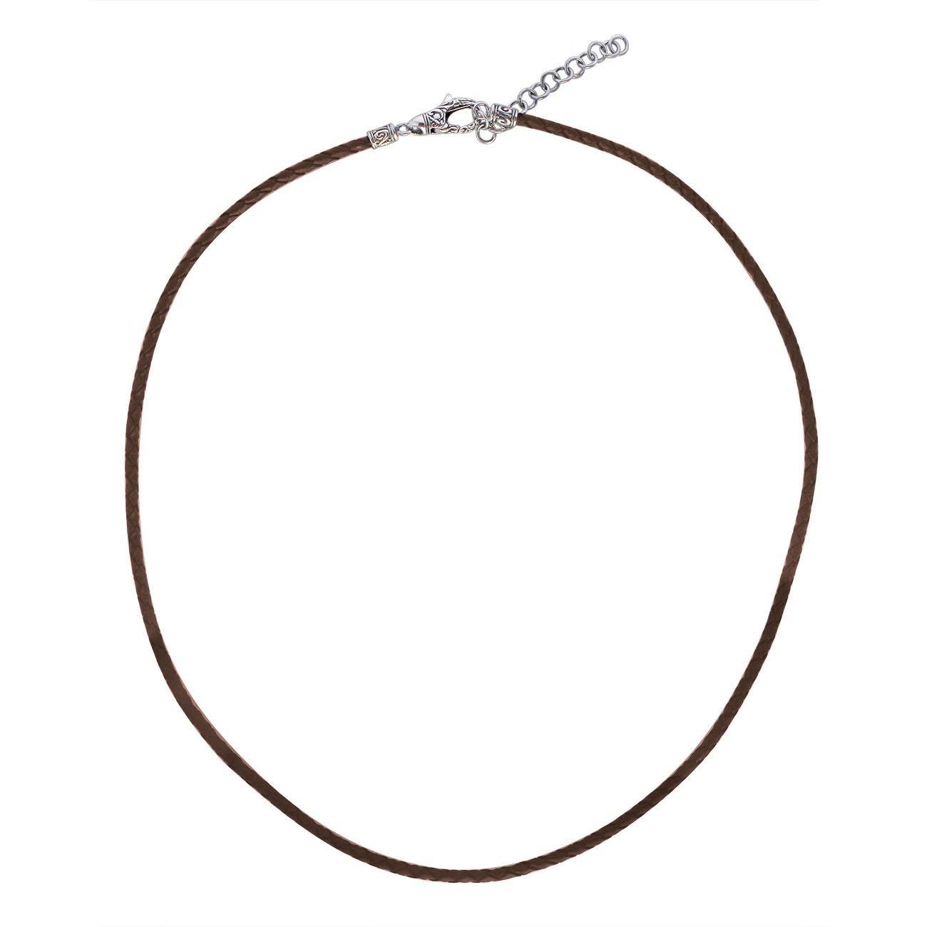 Brown leather cord necklace with sterling silver end caps and adjustable clasp.