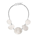 Sterling silver necklace with oval Mother of Pearl shell links, polished artisan finish.