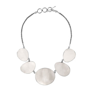 Sterling silver necklace with oval Mother of Pearl shell links, polished artisan finish.