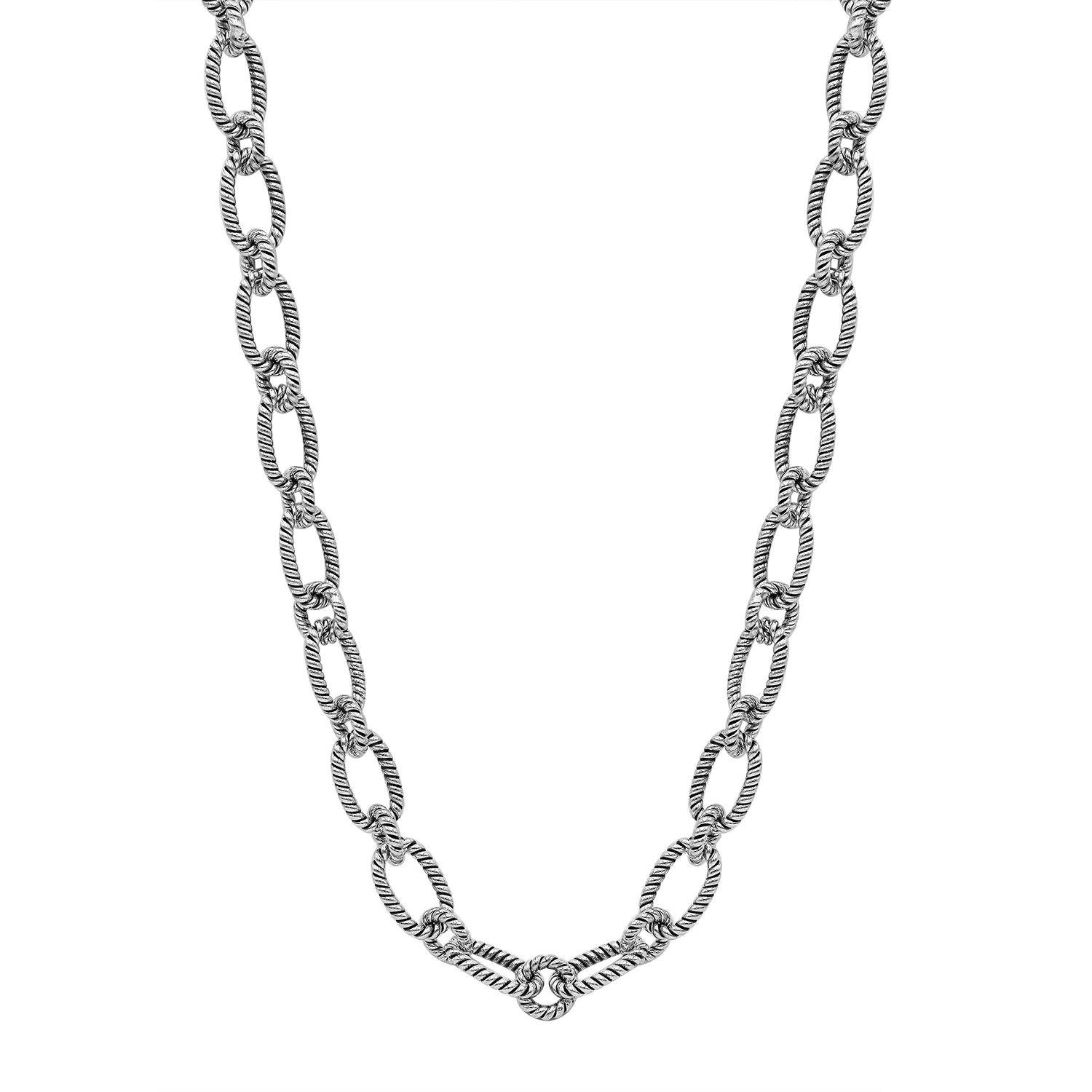 Sterling silver textured rope link chain necklace with toggle clasp.